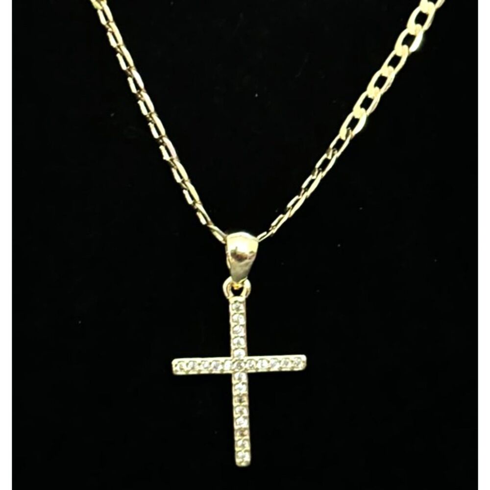 18K Gold Filled CZ Vatican Cross Pendant Necklace 18" 3mm Cuban Chain